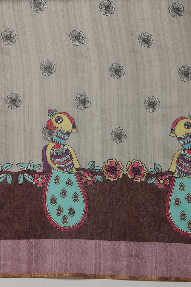 Grey Madhubani Printed Cotton Blend Ready to Wear Saree