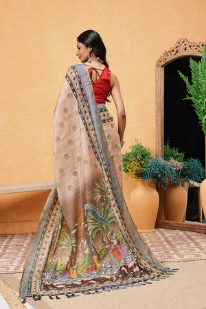 Beige Madhubani Printed Cotton Blend Ready to Wear Saree