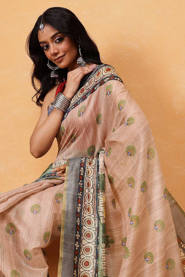 Beige Madhubani Printed Cotton Blend Ready to Wear Saree