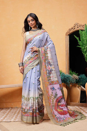 Grey Madhubani Printed Cotton Blend Ready to Wear Saree