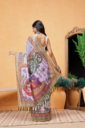 Grey Madhubani Printed Cotton Blend Ready to Wear Saree