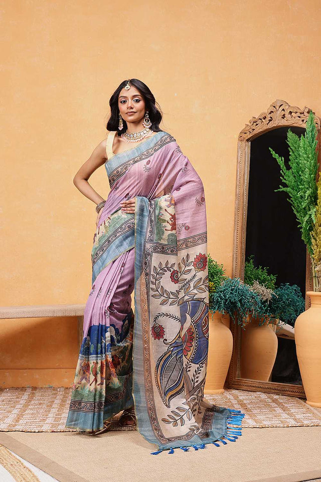 Pink Madhubani Printed Cotton Blend Ready to Wear Saree