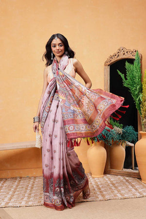 Rust Madhubani Printed Cotton Blend Ready to Wear Saree