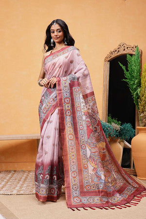 Rust Madhubani Printed Cotton Blend Ready to Wear Saree