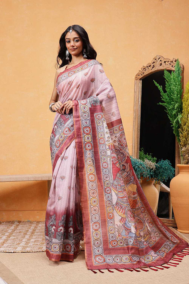 Rust Madhubani Printed Cotton Blend Ready to Wear Saree