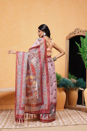 Rust Madhubani Printed Cotton Blend Ready to Wear Saree