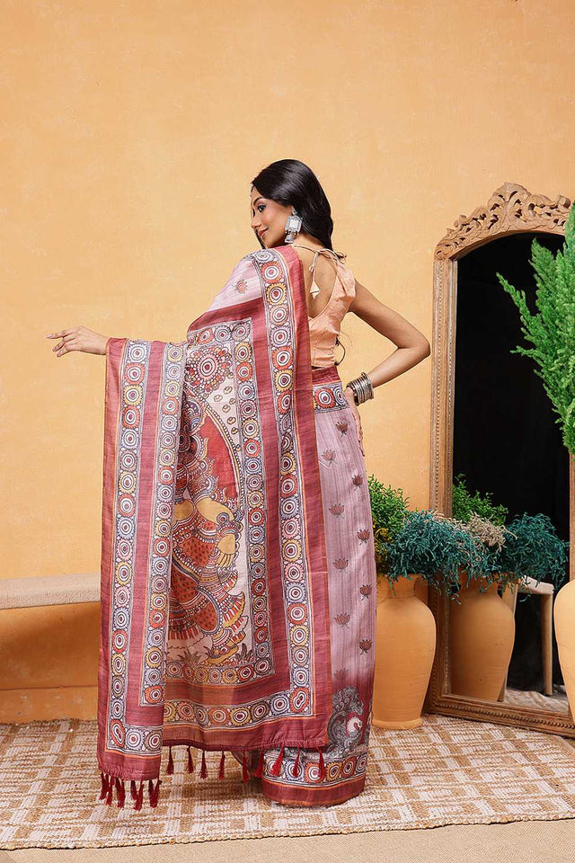 Rust Madhubani Printed Cotton Blend Ready to Wear Saree