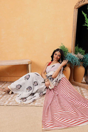 Beige Abstract Printed Cotton Blend Ready to Wear Saree