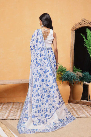White Floral Printed Cotton Blend Ready to Wear Saree