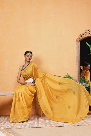 Yellow Animal Printed Cotton Blend Ready to Wear Saree