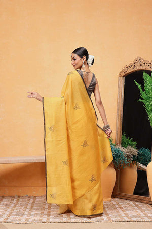 Yellow Animal Printed Cotton Blend Ready to Wear Saree