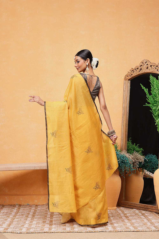 Yellow Animal Printed Cotton Blend Ready to Wear Saree