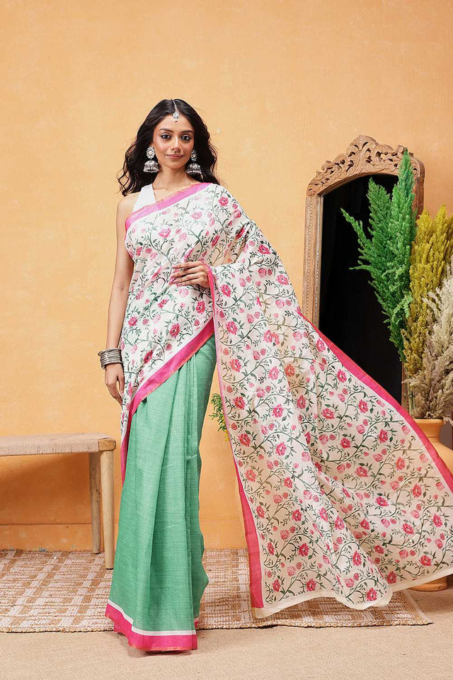 Green Floral Printed Cotton Blend Ready to Wear Saree