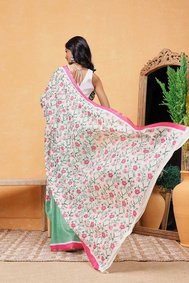 Green Floral Printed Cotton Blend Ready to Wear Saree