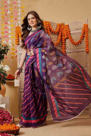 Violet Printed Chanderi Ready to Wear Saree