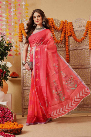Pink Printed Chanderi Ready to Wear Saree