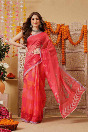 Pink Printed Chanderi Ready to Wear Saree