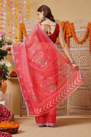 Pink Printed Chanderi Ready to Wear Saree