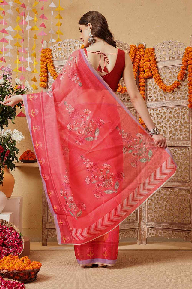 Pink Printed Chanderi Ready to Wear Saree