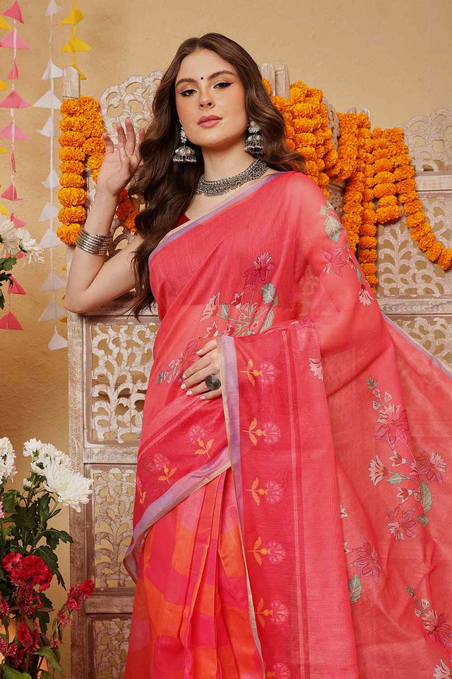 Pink Printed Chanderi Ready to Wear Saree