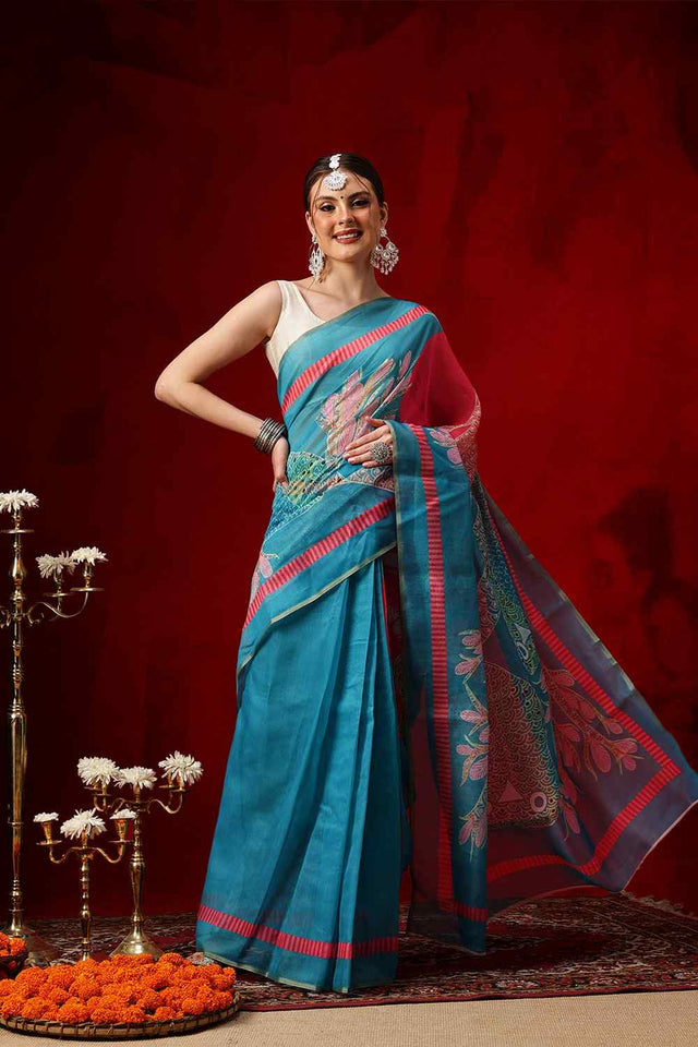 Turquoise Printed Chanderi Ready to Wear Saree