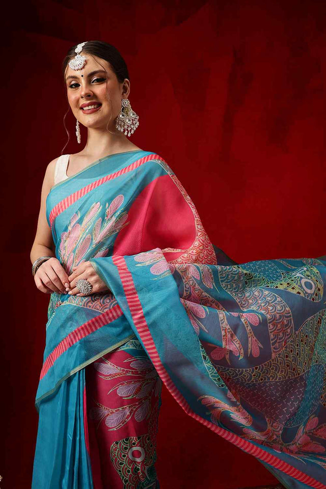 Turquoise Printed Chanderi Ready to Wear Saree