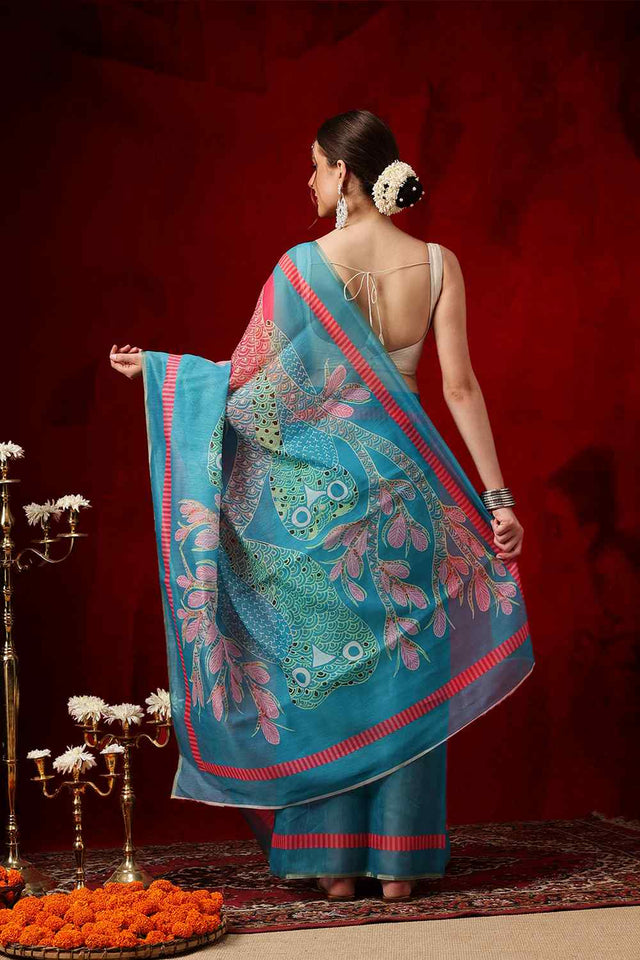 Turquoise Printed Chanderi Ready to Wear Saree