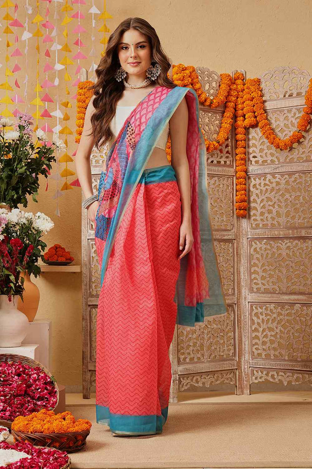 Pink Printed Chanderi Ready to Wear Saree