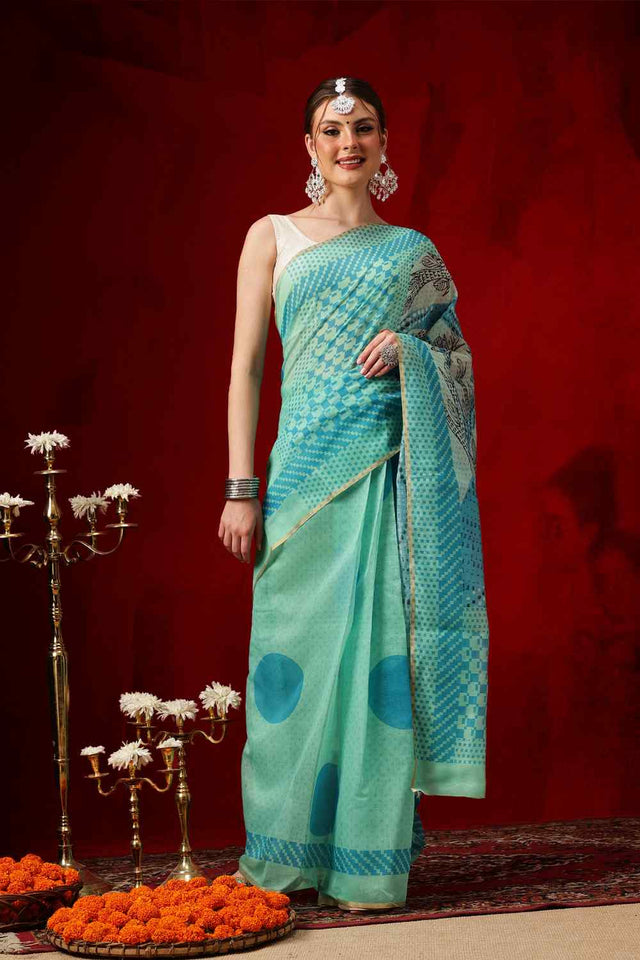 Green Printed Chanderi Ready to Wear Saree