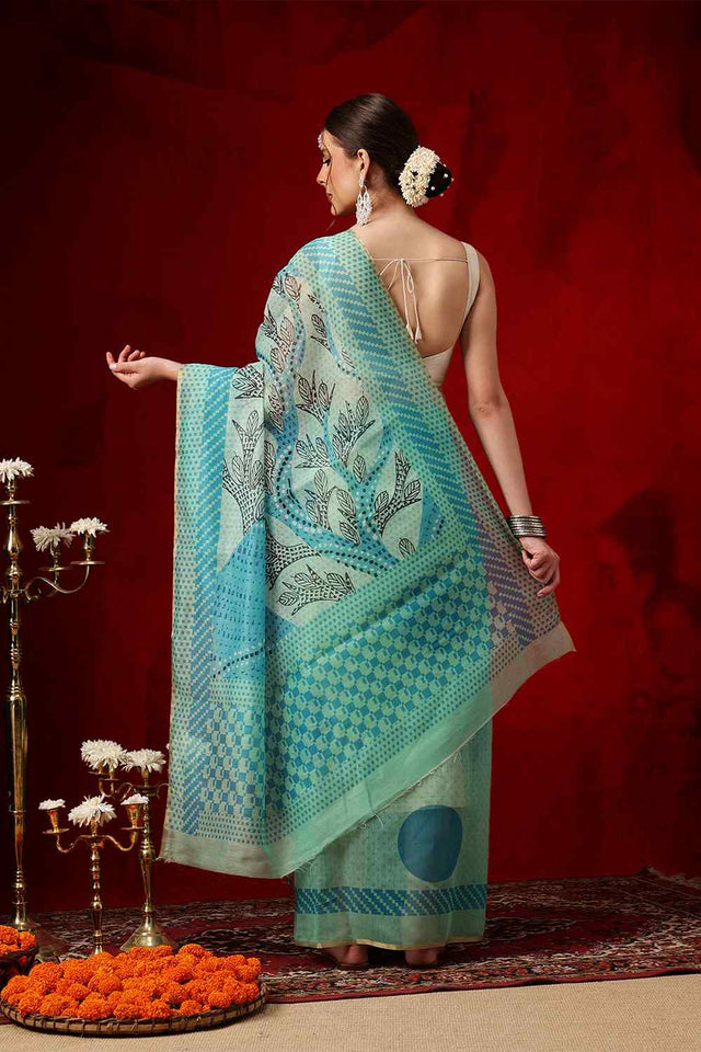 Green Printed Chanderi Ready to Wear Saree
