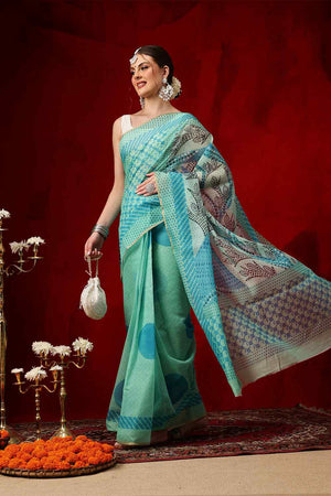 Green Printed Chanderi Ready to Wear Saree