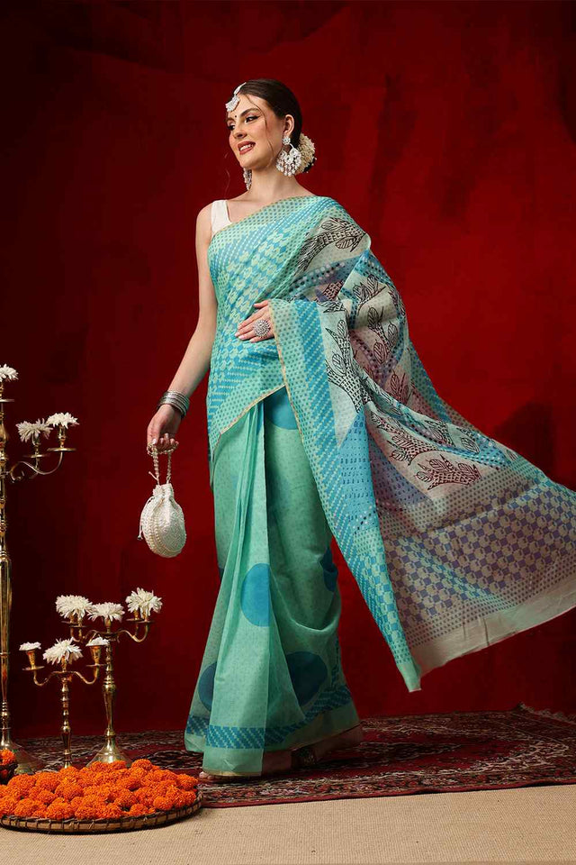 Green Printed Chanderi Ready to Wear Saree