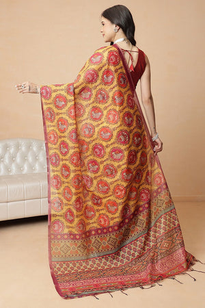 Mustard Kalamkari Printed Cotton Blend Saree (SZR-KLD000-3201)