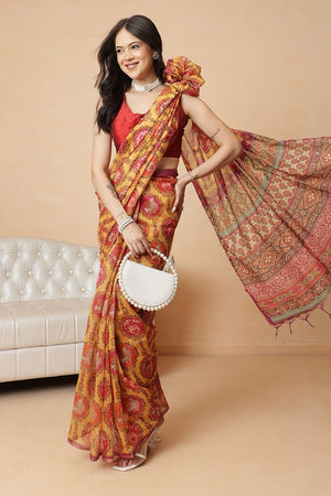 Mustard Kalamkari Printed Cotton Blend Saree (SZR-KLD000-3201)