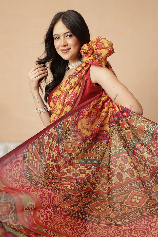 Mustard Kalamkari Printed Cotton Blend Saree (SZR-KLD000-3201)