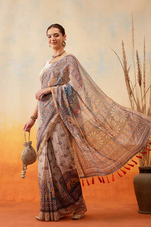 Multi Color Floral Printed Cotton Blend Ready to Wear Saree