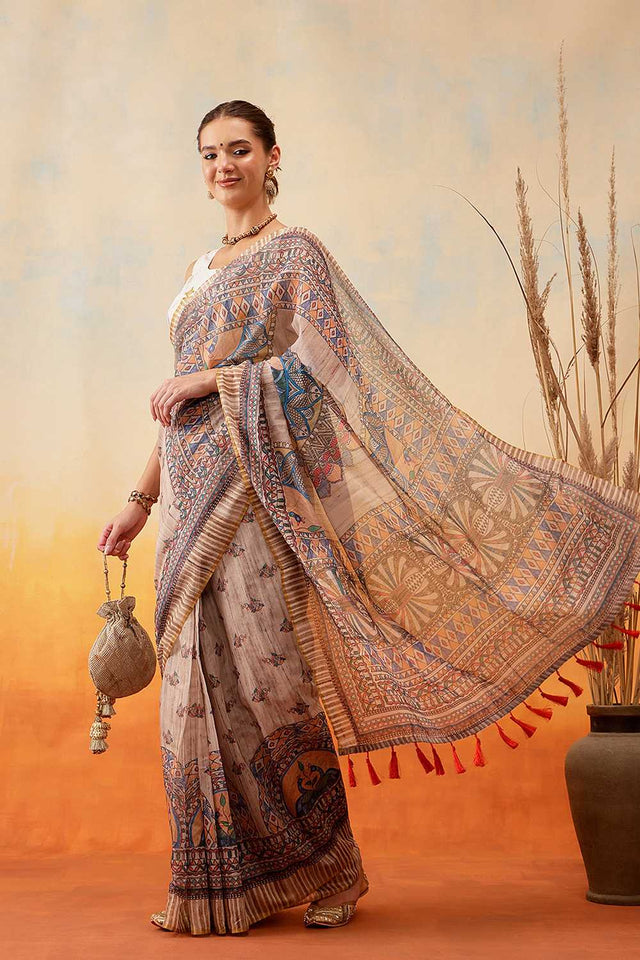 Multi Color Floral Printed Cotton Blend Ready to Wear Saree