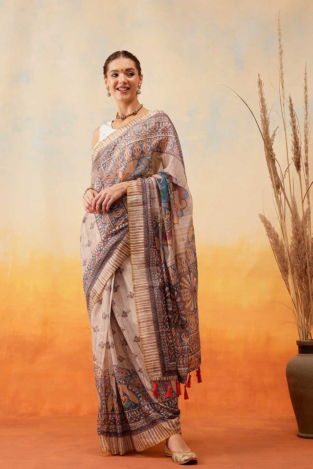 Multi Color Floral Printed Cotton Blend Ready to Wear Saree