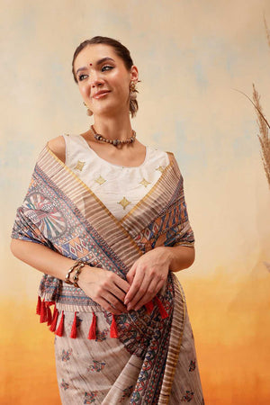 Multi Color Floral Printed Cotton Blend Ready to Wear Saree