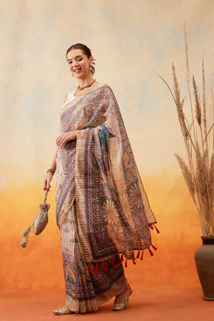 Multi Color Floral Printed Cotton Blend Ready to Wear Saree