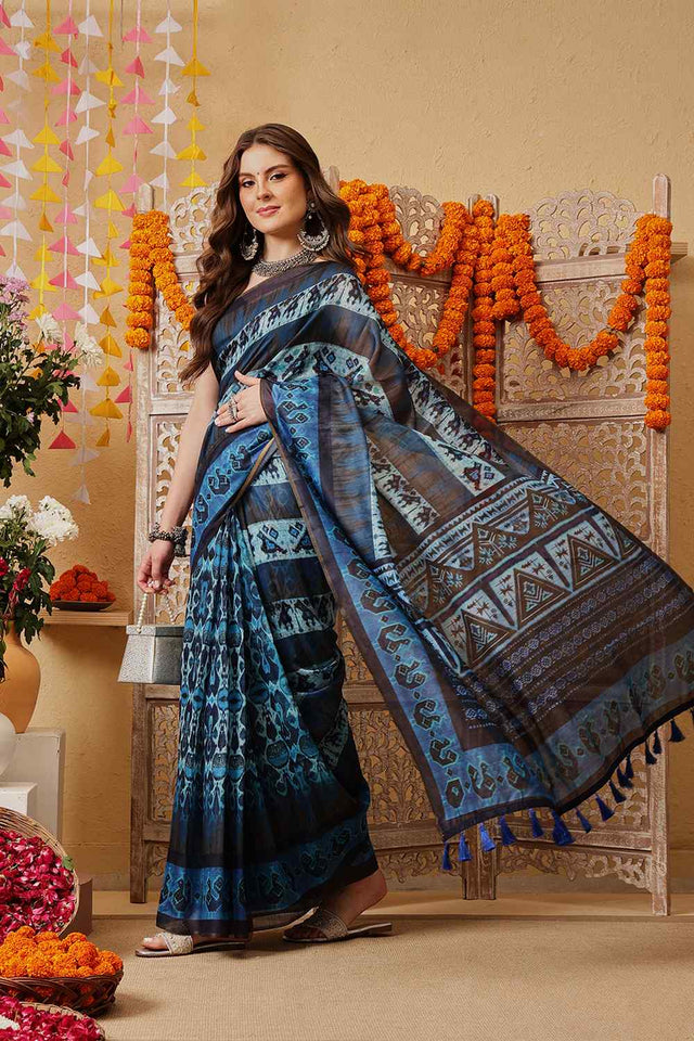 Blue Printed Cotton Blend Ready to Wear Saree