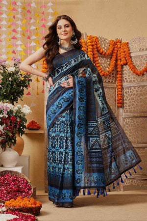 Blue Printed Cotton Blend Ready to Wear Saree