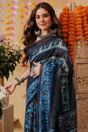 Blue Printed Cotton Blend Ready to Wear Saree