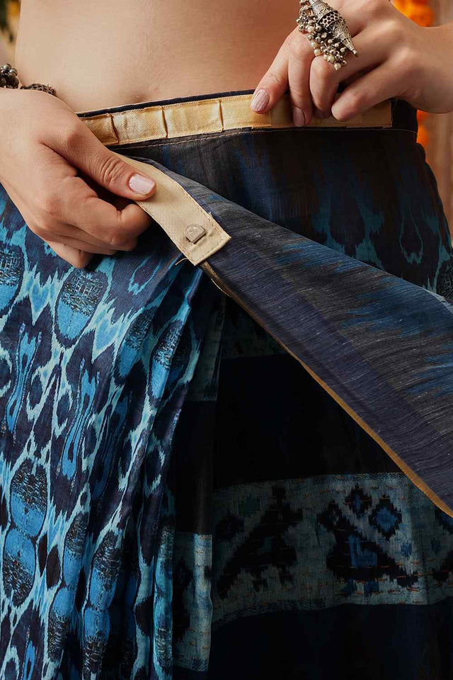 Blue Printed Cotton Blend Ready to Wear Saree