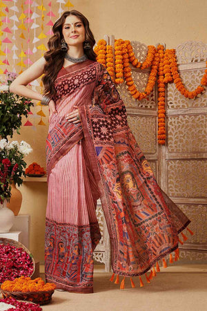 Pink Printed Cotton Blend Ready to Wear Saree