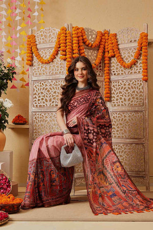 Pink Printed Cotton Blend Ready to Wear Saree