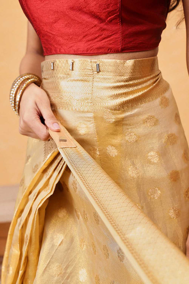 Beige Floral Woven Tissue Silk Ready to Wear Saree