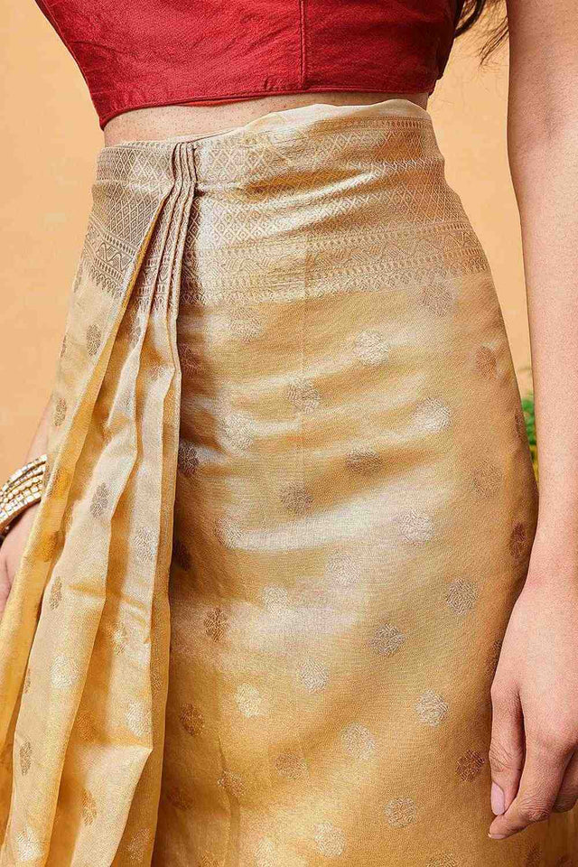 Beige Floral Woven Tissue Silk Ready to Wear Saree