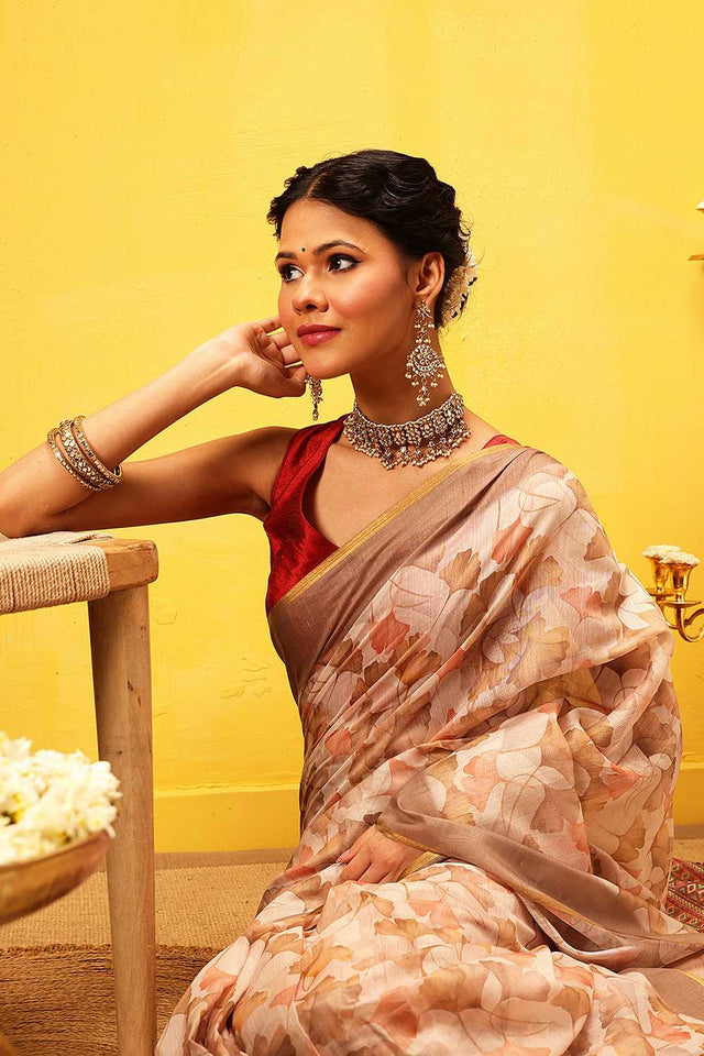 Beige Floral Printed Cotton Blend Ready to Wear Saree