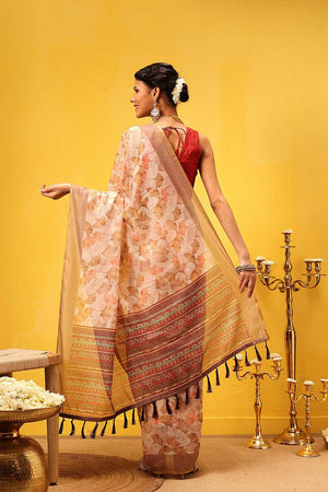 Beige Floral Printed Cotton Blend Ready to Wear Saree